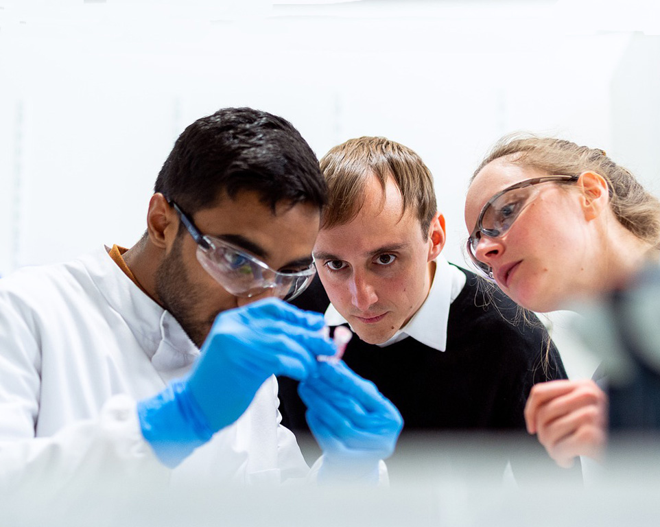 three scientists examining a test tube